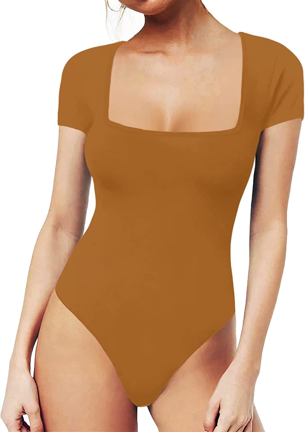MANGOPOP Women'S Square Neck Short Sleeve Long Sleeve Tops Bodysuit Jumpsuit Short Sleeve Camel / Large