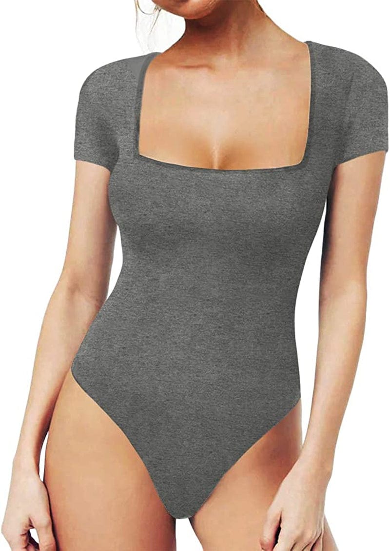 MANGOPOP Women'S Square Neck Short Sleeve Long Sleeve Tops Bodysuit Jumpsuit Short Sleeve Dark Heather Grey / Large