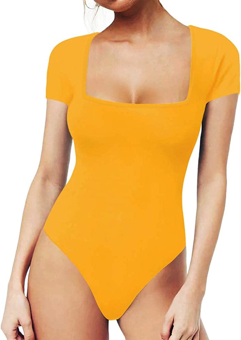 MANGOPOP Women'S Square Neck Short Sleeve Long Sleeve Tops Bodysuit Jumpsuit Short Sleeve Ginger / Large