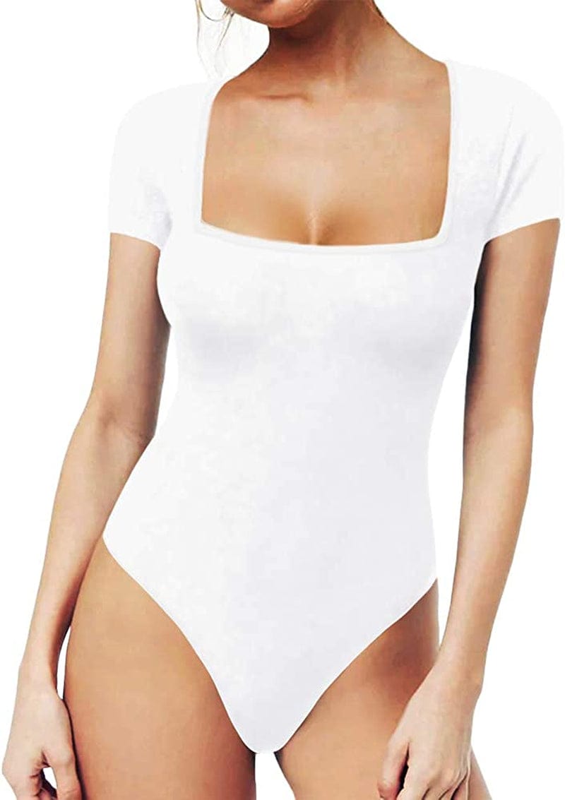 MANGOPOP Women'S Square Neck Short Sleeve Long Sleeve Tops Bodysuit Jumpsuit A Short Sleeve White / Large