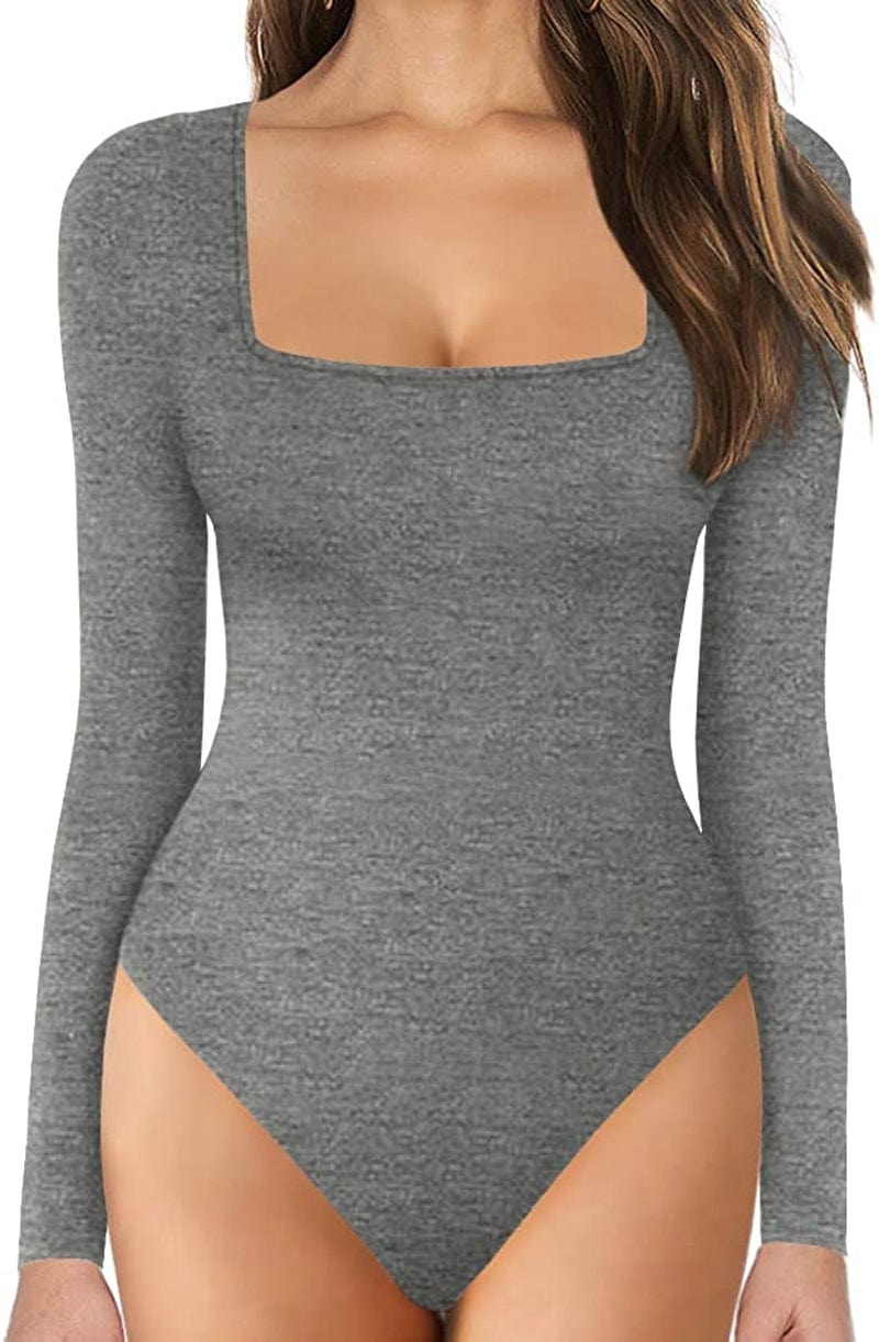 MANGOPOP Women'S Square Neck Short Sleeve Long Sleeve Tops Bodysuit Jumpsuit Long Sleeve Dark Heather Grey / Large