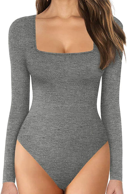 MANGOPOP Women'S Square Neck Short Sleeve Long Sleeve Tops Bodysuit Jumpsuit Long Sleeve Dark Heather Grey / Large
