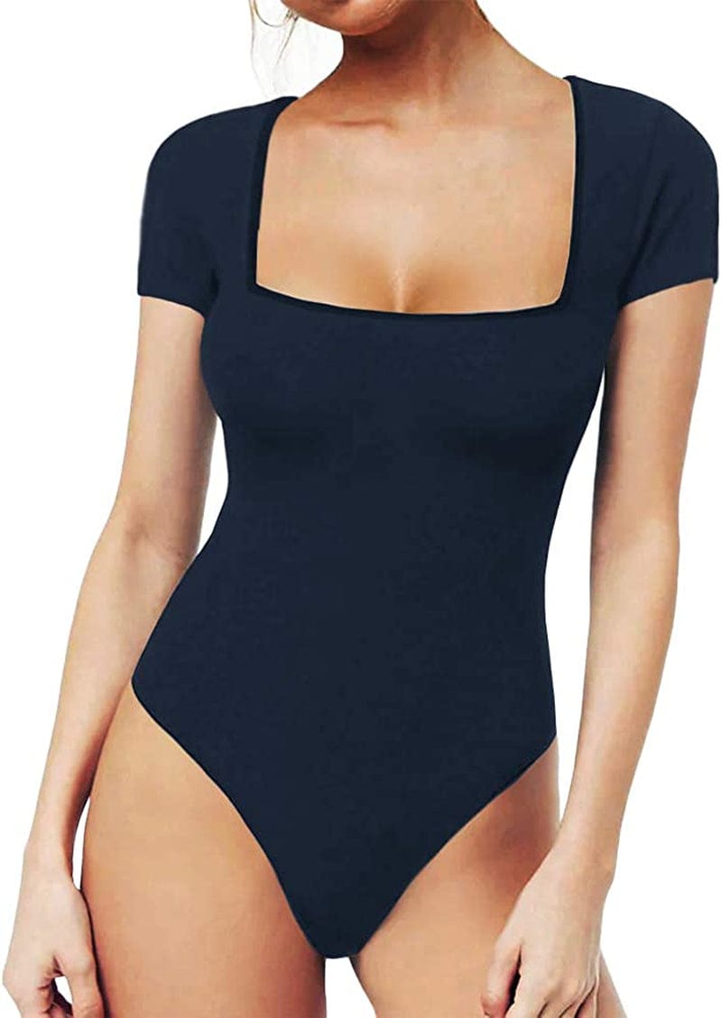 MANGOPOP Women'S Square Neck Short Sleeve Long Sleeve Tops Bodysuit Jumpsuit Short Sleeve Deep Blue / Large