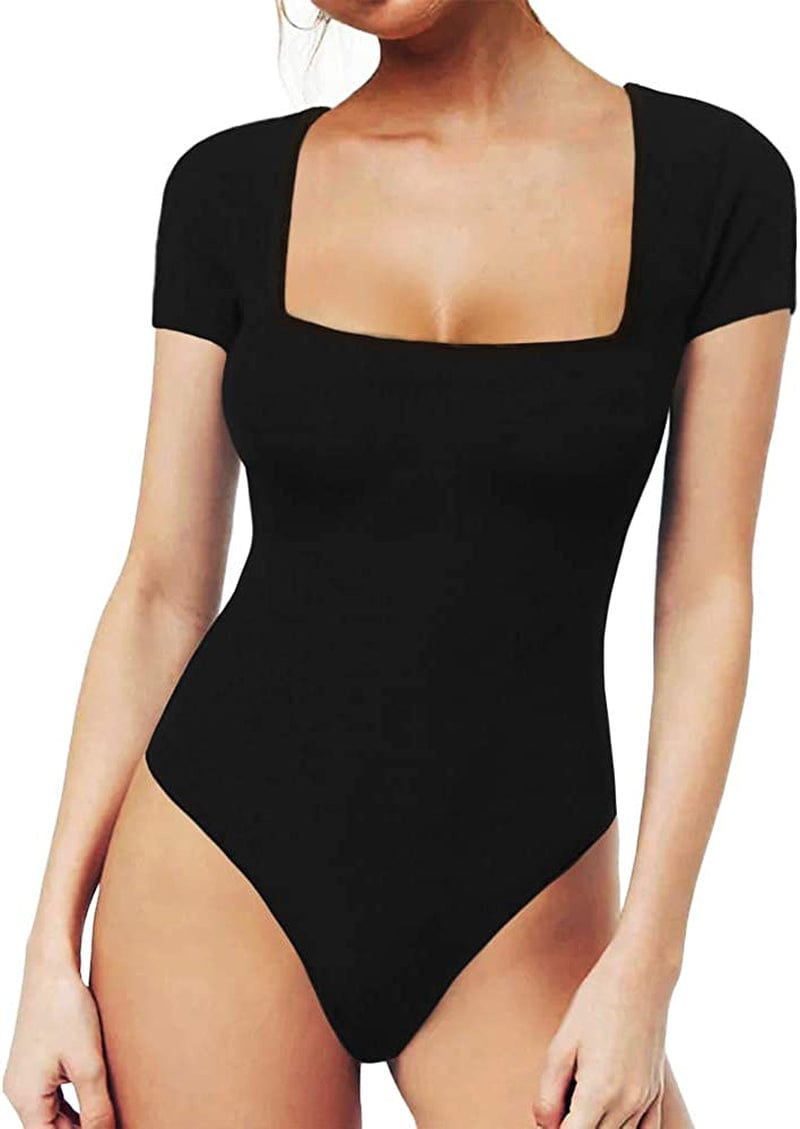 MANGOPOP Women'S Square Neck Short Sleeve Long Sleeve Tops Bodysuit Jumpsuit A Short Sleeve Black / X-Small