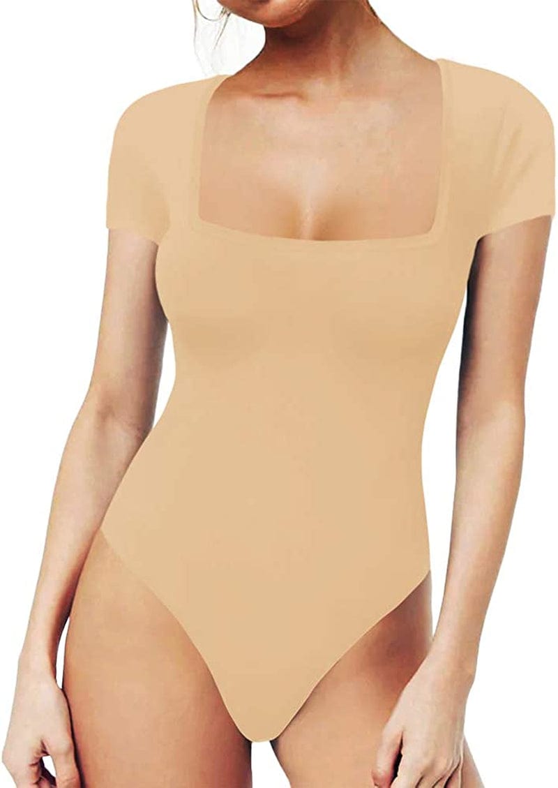 MANGOPOP Women'S Square Neck Short Sleeve Long Sleeve Tops Bodysuit Jumpsuit Short Sleeve Nude / Large