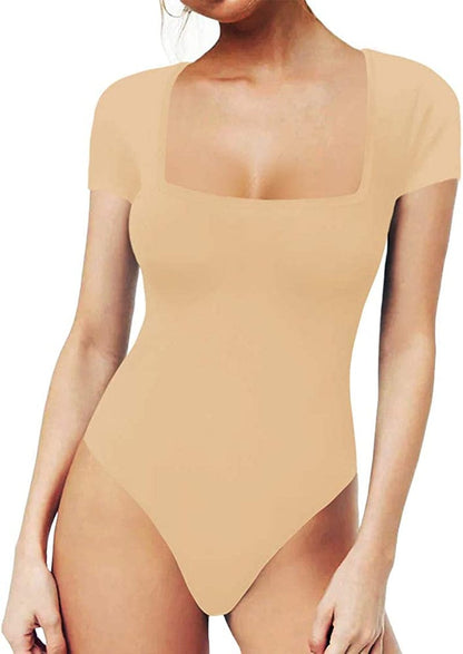 MANGOPOP Women'S Square Neck Short Sleeve Long Sleeve Tops Bodysuit Jumpsuit Short Sleeve Nude / Large