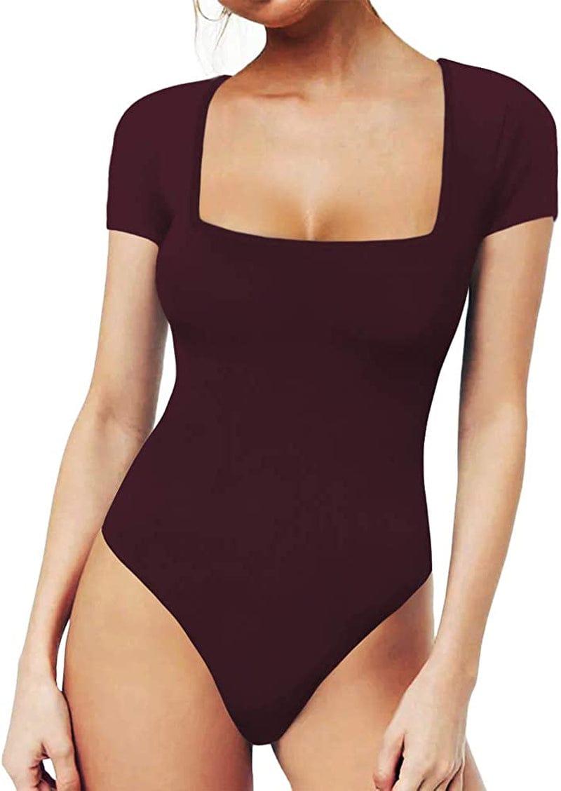 MANGOPOP Women'S Square Neck Short Sleeve Long Sleeve Tops Bodysuit Jumpsuit Short Sleeve Burgundy / Large