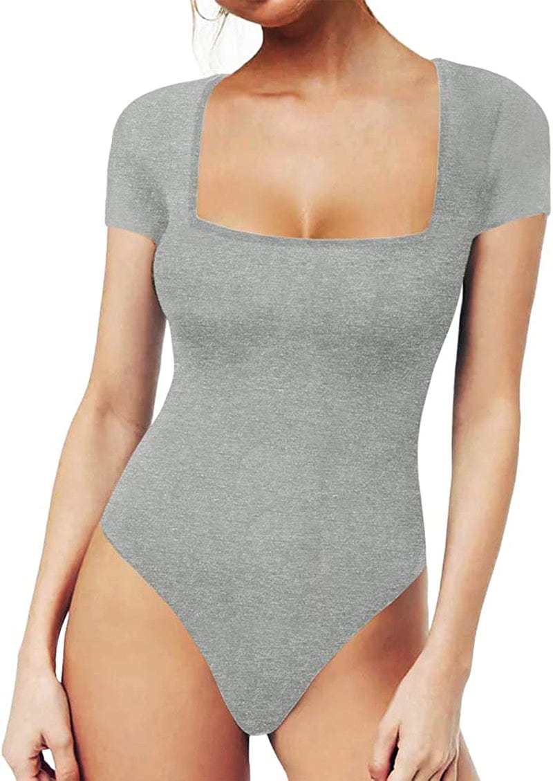 MANGOPOP Women'S Square Neck Short Sleeve Long Sleeve Tops Bodysuit Jumpsuit Short Sleeve Light Heather Grey / XX-Large