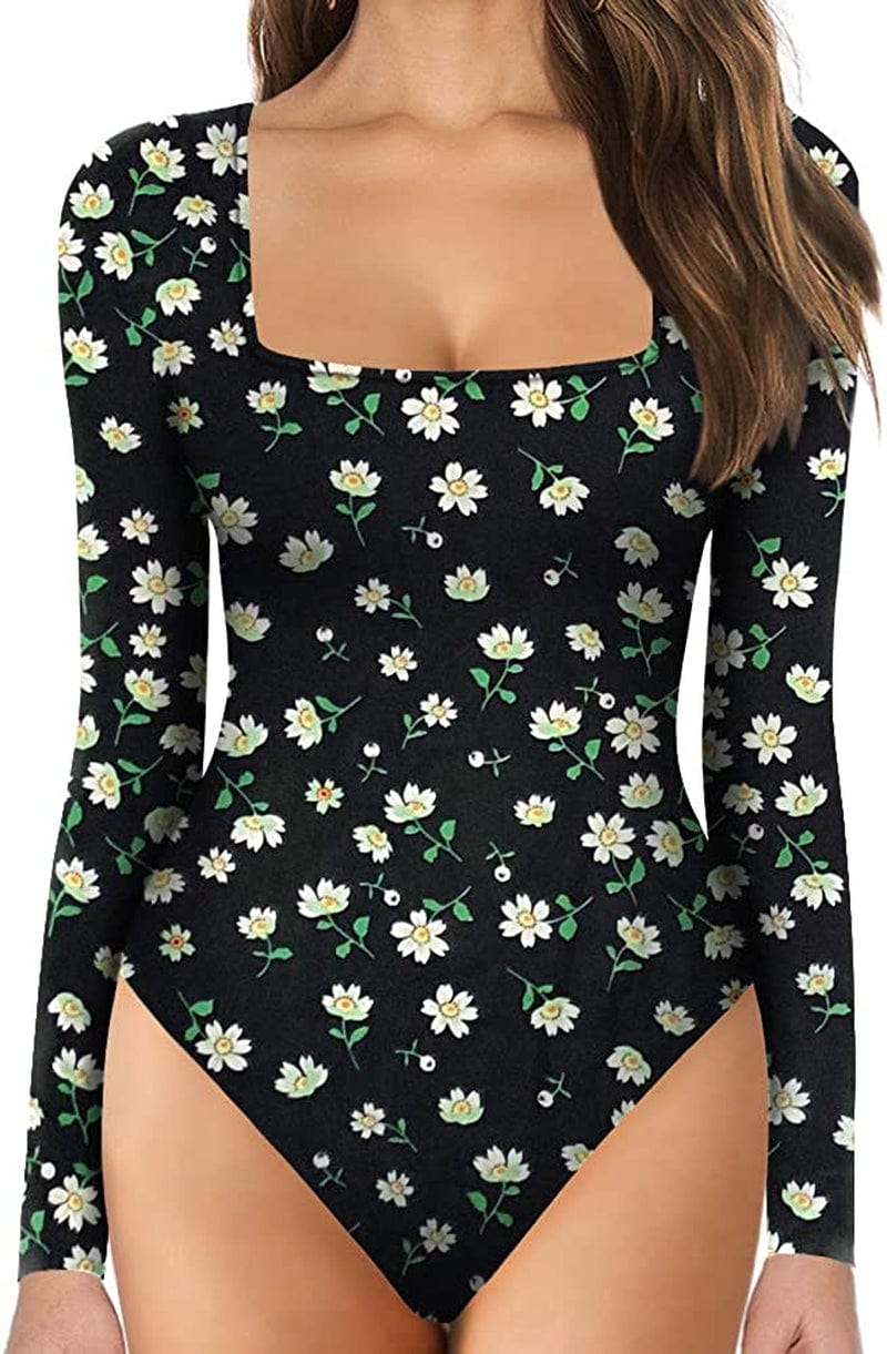 MANGOPOP Women'S Square Neck Short Sleeve Long Sleeve Tops Bodysuit Jumpsuit Long Sleeve 1#little Daisy / Large