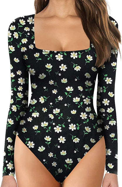 MANGOPOP Women'S Square Neck Short Sleeve Long Sleeve Tops Bodysuit Jumpsuit Long Sleeve 1#little Daisy / Large