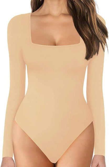 MANGOPOP Women'S Square Neck Short Sleeve Long Sleeve Tops Bodysuit Jumpsuit Long Sleeve Nude / Large