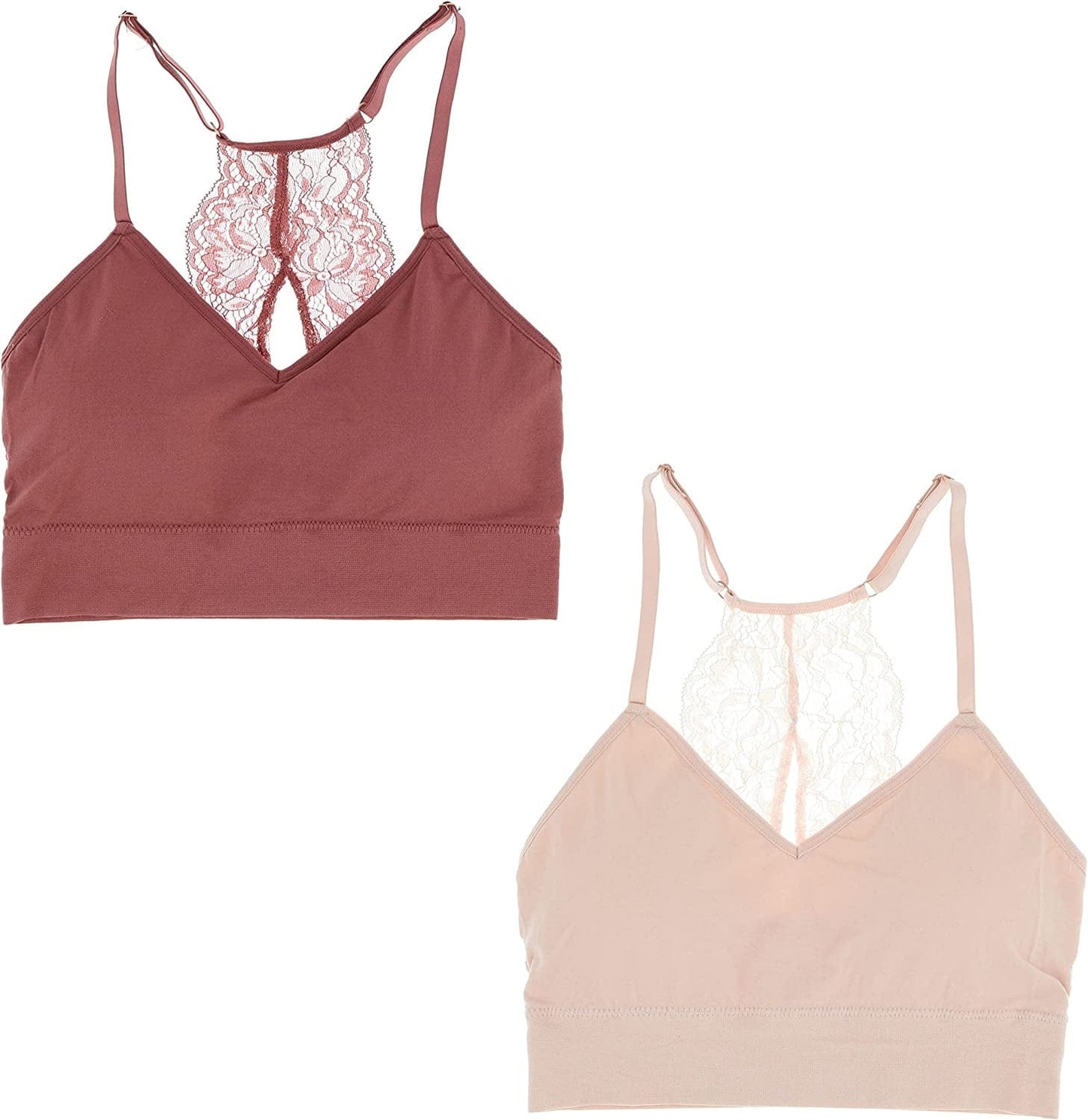 Marilyn Monroe Intimates Women'S Sexy Bralette with Lacey Racer Back (2 Bras) Pale Pink, Dark Rose / Large