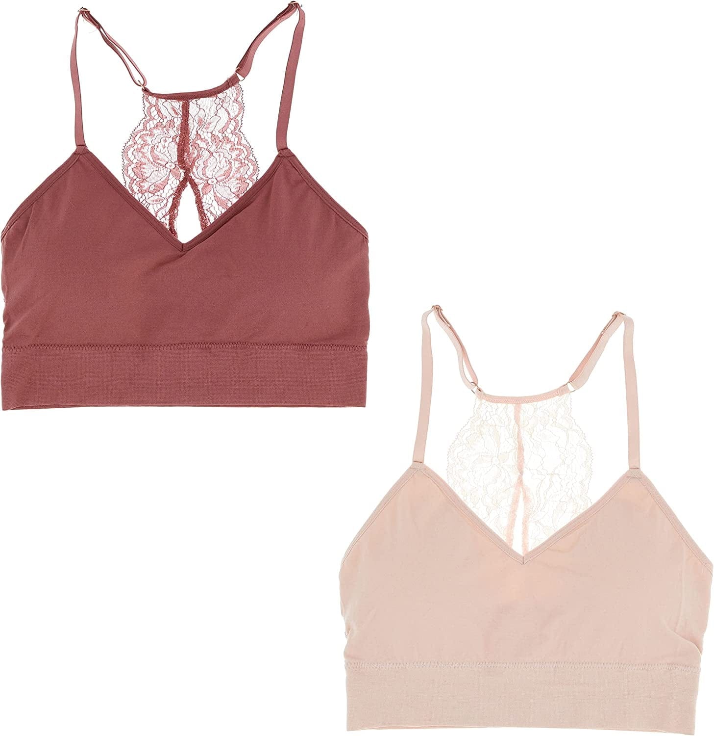 Marilyn Monroe Intimates Women'S Sexy Bralette with Lacey Racer Back (2 Bras) Pale Pink, Dark Rose / Large