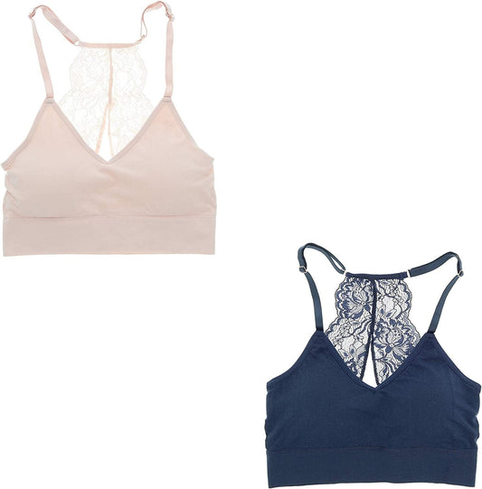 Marilyn Monroe Intimates Women'S Sexy Bralette with Lacey Racer Back (2 Bras) Navy Blue, Light Pink / Small