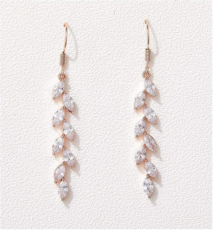 Marquise Wedding Dangle Earrings for Brides Bridesmaid, Crystal Long Bridal Earrings for Women Prom Rose Gold