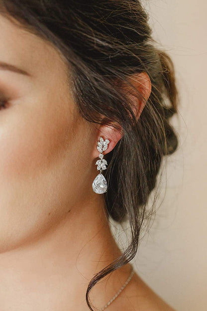 Marquise Wedding Earrings for Brides, Bridesmaids, Teardrop Crystal Cubic Zirconia Bridal Drop Earrings for Women Prom
