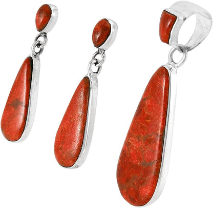 Matching Turquoise & Gemstones Set 925 Sterling Silver (Pendant, Earrings, Necklace 20") Coral