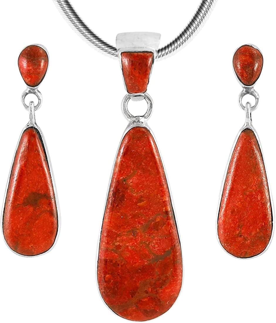 Matching Turquoise & Gemstones Set 925 Sterling Silver (Pendant, Earrings, Necklace 20") Coral