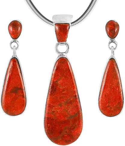 Matching Turquoise & Gemstones Set 925 Sterling Silver (Pendant, Earrings, Necklace 20") Coral