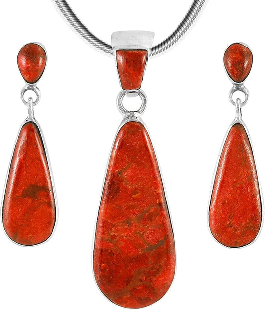 Matching Turquoise & Gemstones Set 925 Sterling Silver (Pendant, Earrings, Necklace 20") Coral
