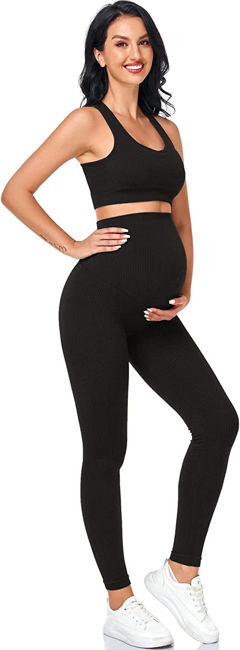 Maternity for Women 2Piece ，Seamless Ribbed Built in Maternity Bra High Waist Elasticity Pregnancy Shorts Sets Black / X-Large
