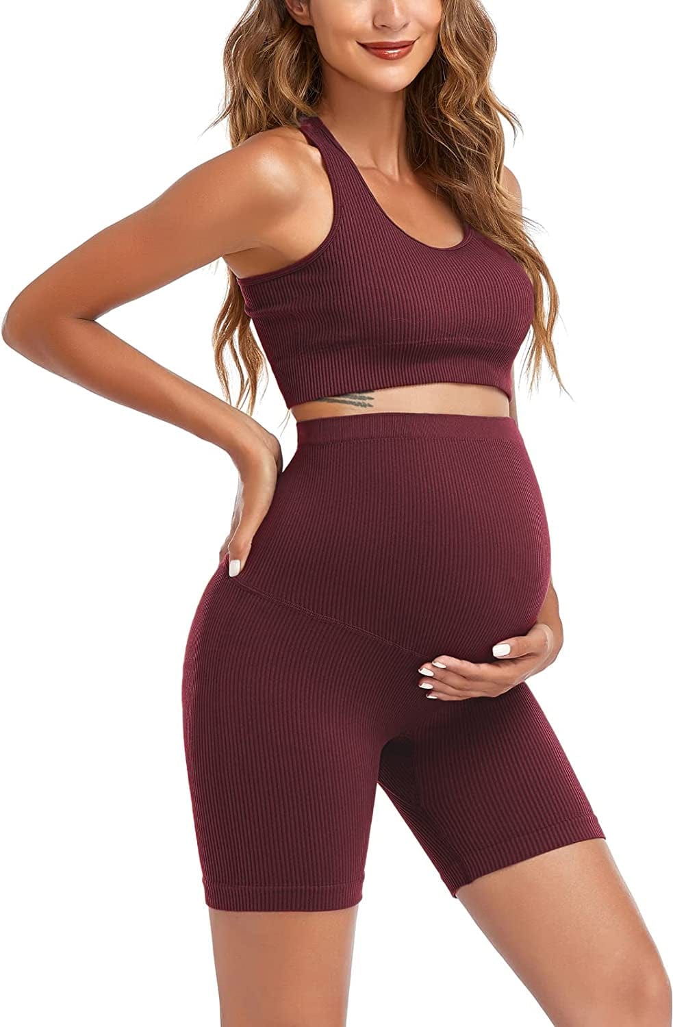 Maternity for Women 2Piece ，Seamless Ribbed Built in Maternity Bra High Waist Elasticity Pregnancy Shorts Sets Claret / Large
