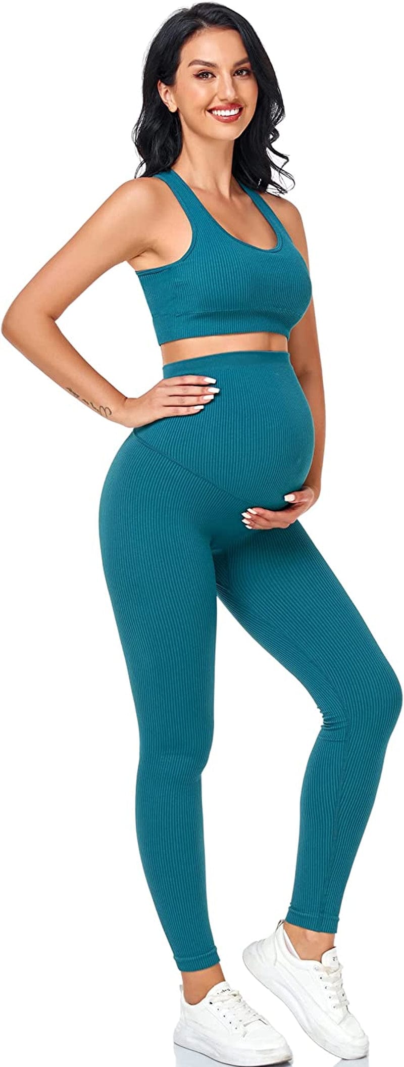 Maternity for Women 2Piece ，Seamless Ribbed Built in Maternity Bra High Waist Elasticity Pregnancy Shorts Sets Green& / Medium