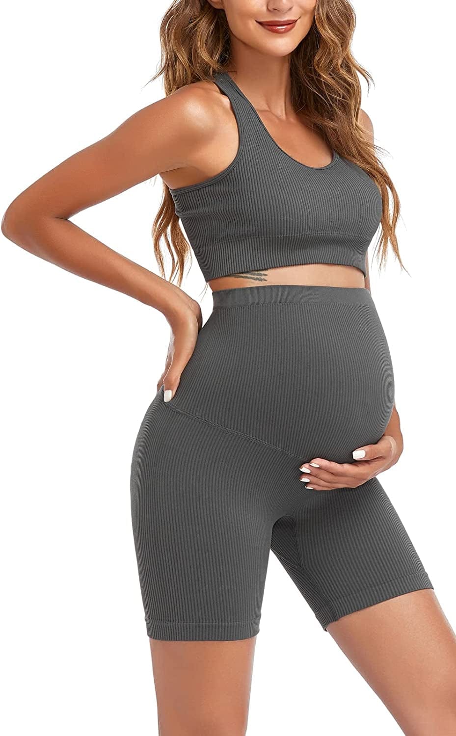 Maternity for Women 2Piece ，Seamless Ribbed Built in Maternity Bra High Waist Elasticity Pregnancy Shorts Sets Grey1 / Large