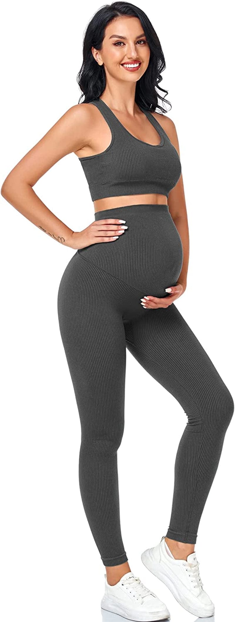 Maternity for Women 2Piece ，Seamless Ribbed Built in Maternity Bra High Waist Elasticity Pregnancy Shorts Sets Dackgrey / Small