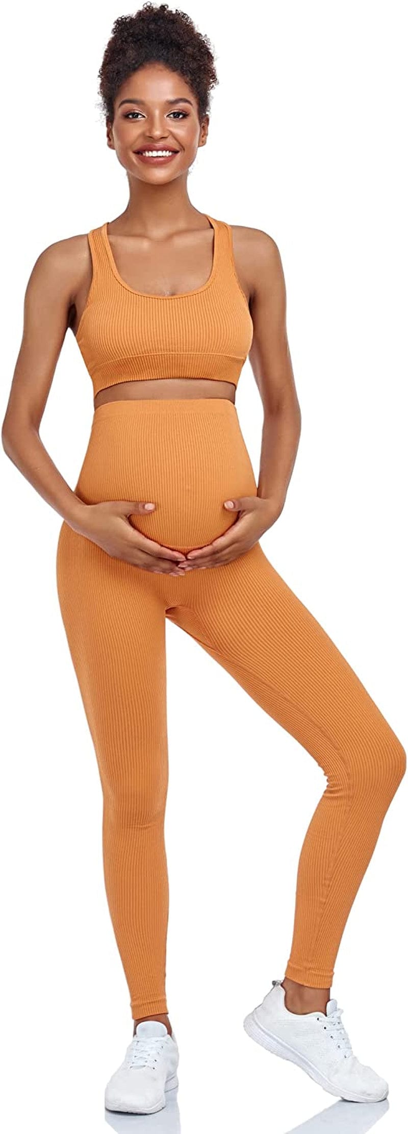 Maternity for Women 2Piece ，Seamless Ribbed Built in Maternity Bra High Waist Elasticity Pregnancy Shorts Sets Yellow& / Large