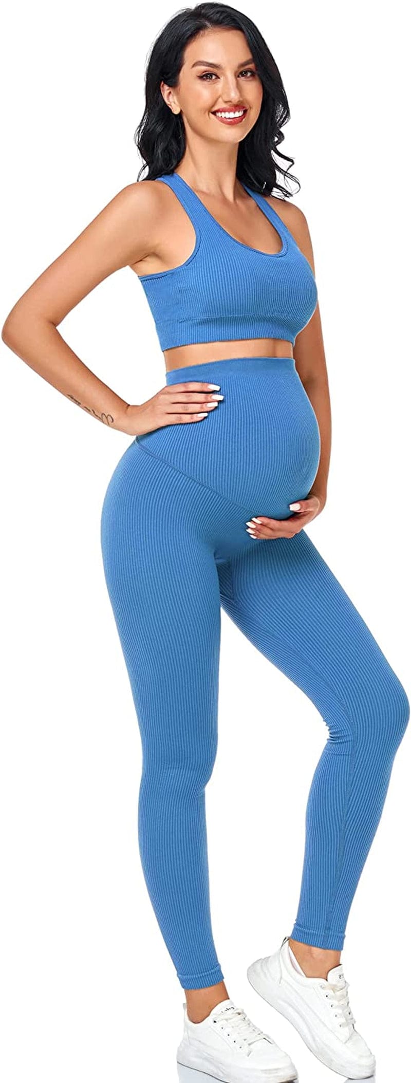 Maternity for Women 2Piece ，Seamless Ribbed Built in Maternity Bra High Waist Elasticity Pregnancy Shorts Sets Blue / Large