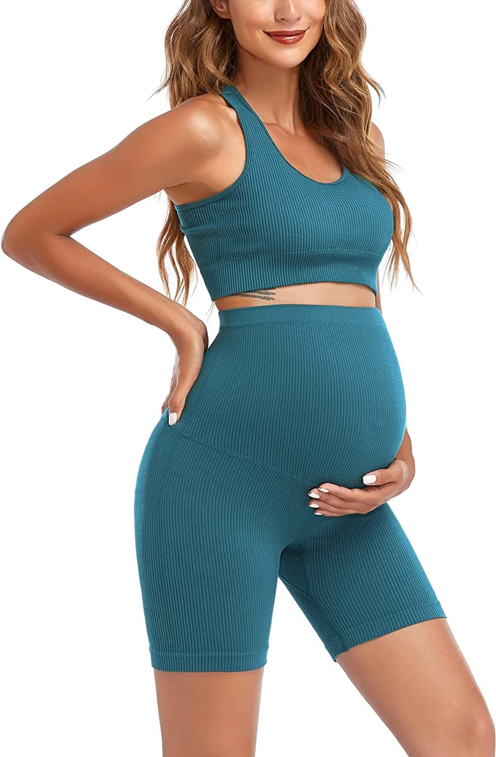 Maternity for Women 2Piece ，Seamless Ribbed Built in Maternity Bra High Waist Elasticity Pregnancy Shorts Sets Green / Large