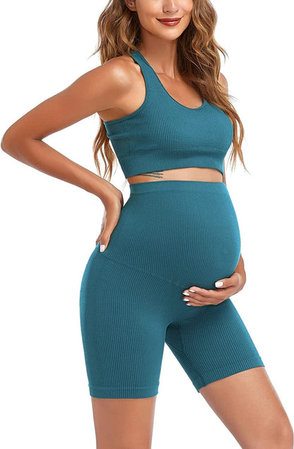 Maternity for Women 2Piece ，Seamless Ribbed Built in Maternity Bra High Waist Elasticity Pregnancy Shorts Sets Green / Large