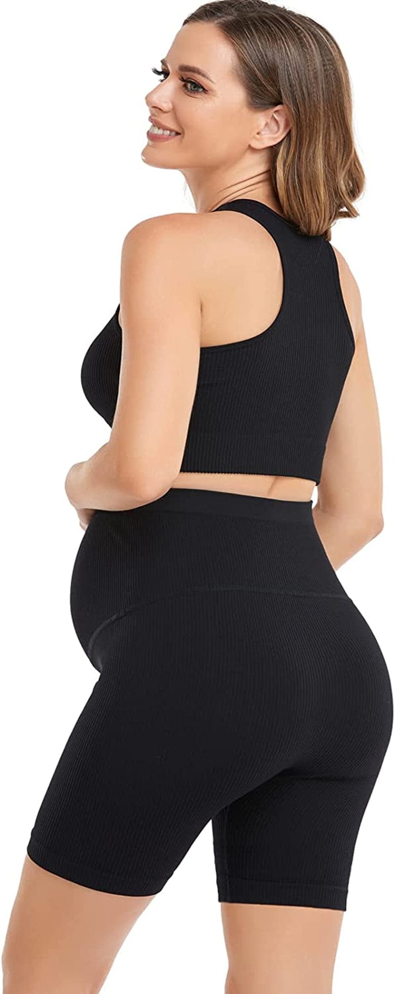 Maternity for Women 2Piece ，Seamless Ribbed Built in Maternity Bra High Waist Elasticity Pregnancy Shorts Sets