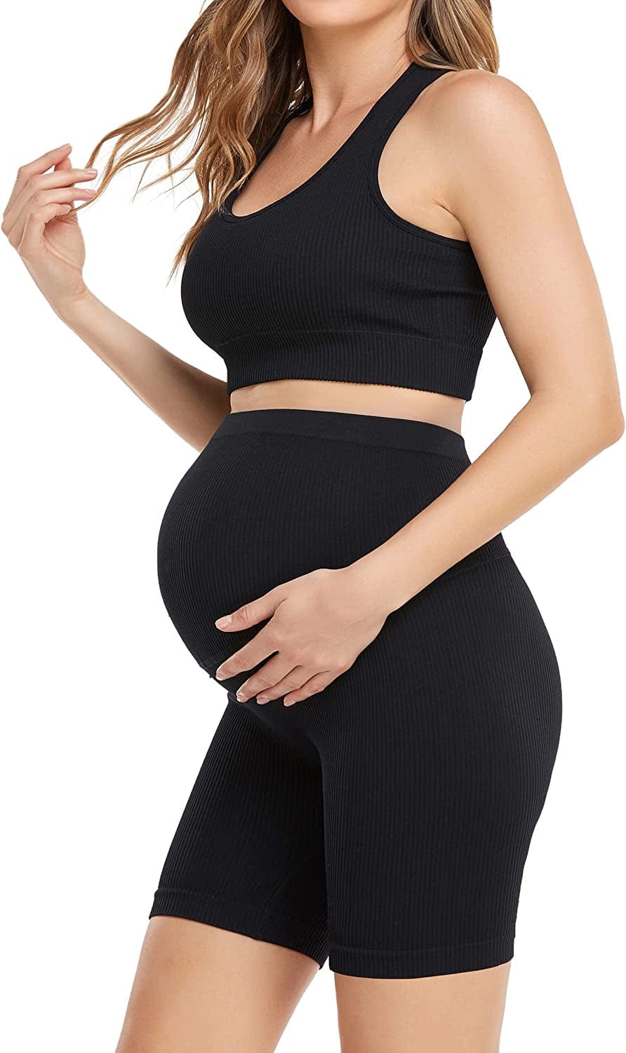 Maternity for Women 2Piece ，Seamless Ribbed Built in Maternity Bra High Waist Elasticity Pregnancy Shorts Sets
