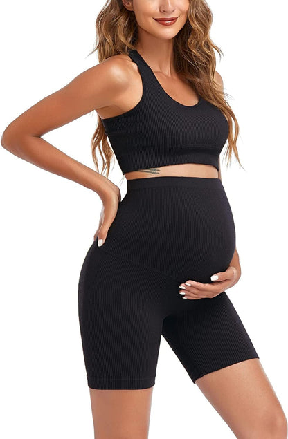 Maternity for Women 2Piece ，Seamless Ribbed Built in Maternity Bra High Waist Elasticity Pregnancy Shorts Sets Black1 / Small