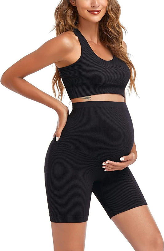 Maternity for Women 2Piece ，Seamless Ribbed Built in Maternity Bra High Waist Elasticity Pregnancy Shorts Sets Black1 / Small