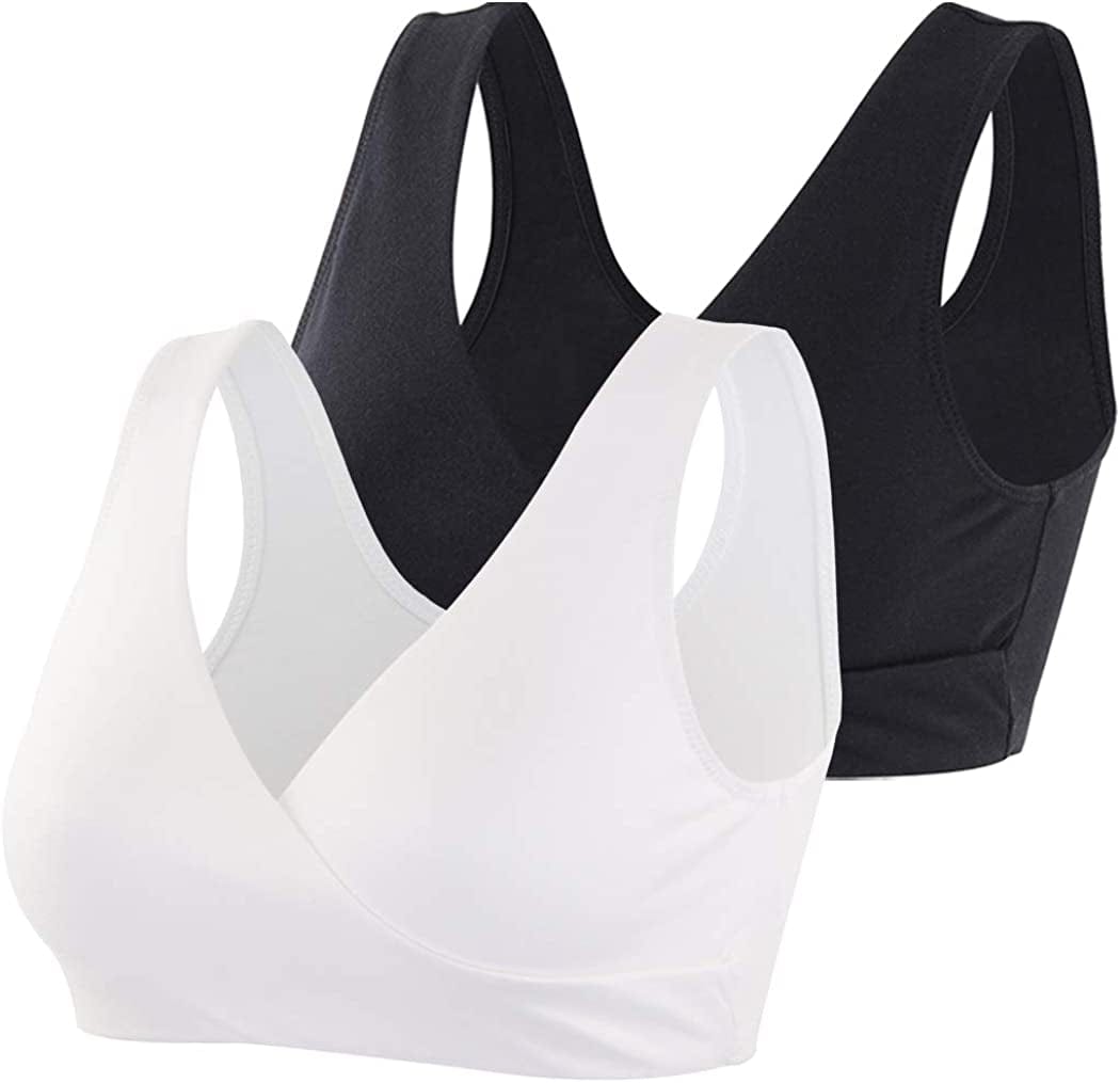 Maternity Nursing Bra Wireless Cotton Breastfeeding Bra for Sleep Black+white/2pack / X-Large