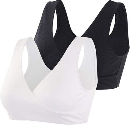 Maternity Nursing Bra Wireless Cotton Breastfeeding Bra for Sleep Black+white/2pack / X-Large