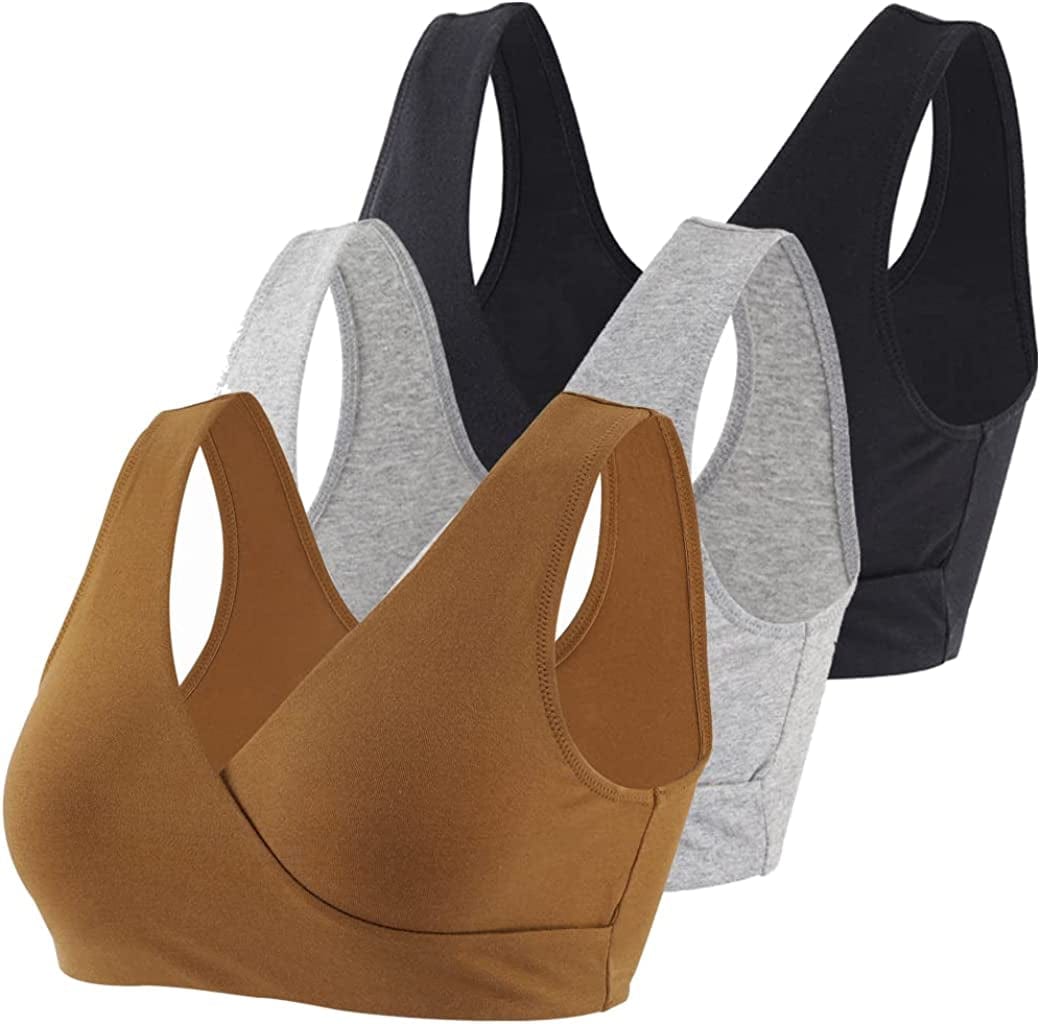 Maternity Nursing Bra Wireless Cotton Breastfeeding Bra for Sleep Black+grey+olive/3pack / X-Large