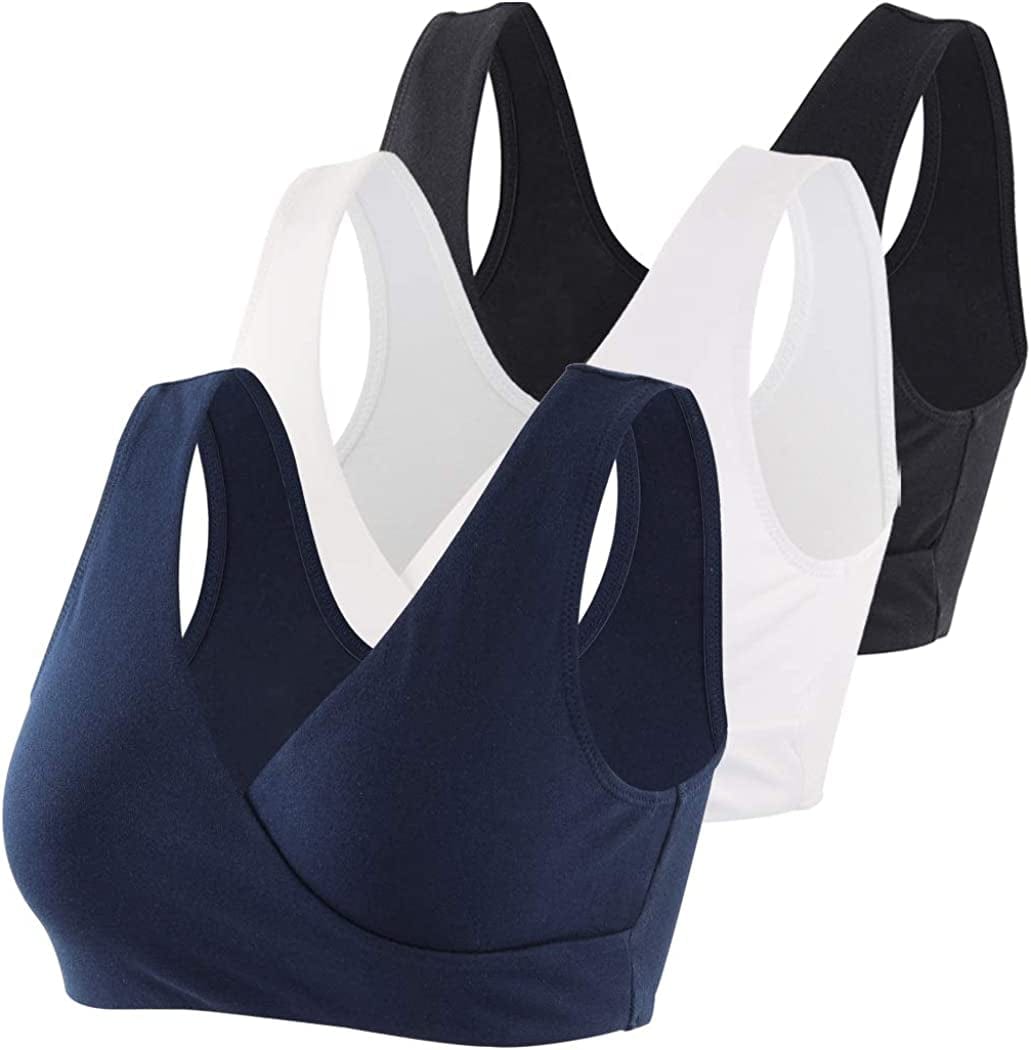 Maternity Nursing Bra Wireless Cotton Breastfeeding Bra for Sleep Black+navy Blue+white/3pack / Medium