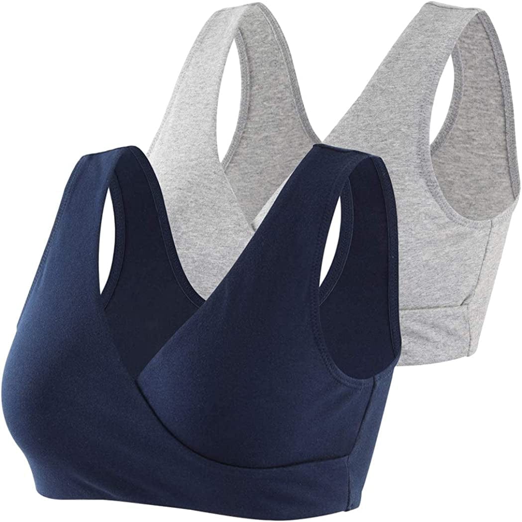 Maternity Nursing Bra Wireless Cotton Breastfeeding Bra for Sleep Navy Blue+grey/2pack / XX-Large