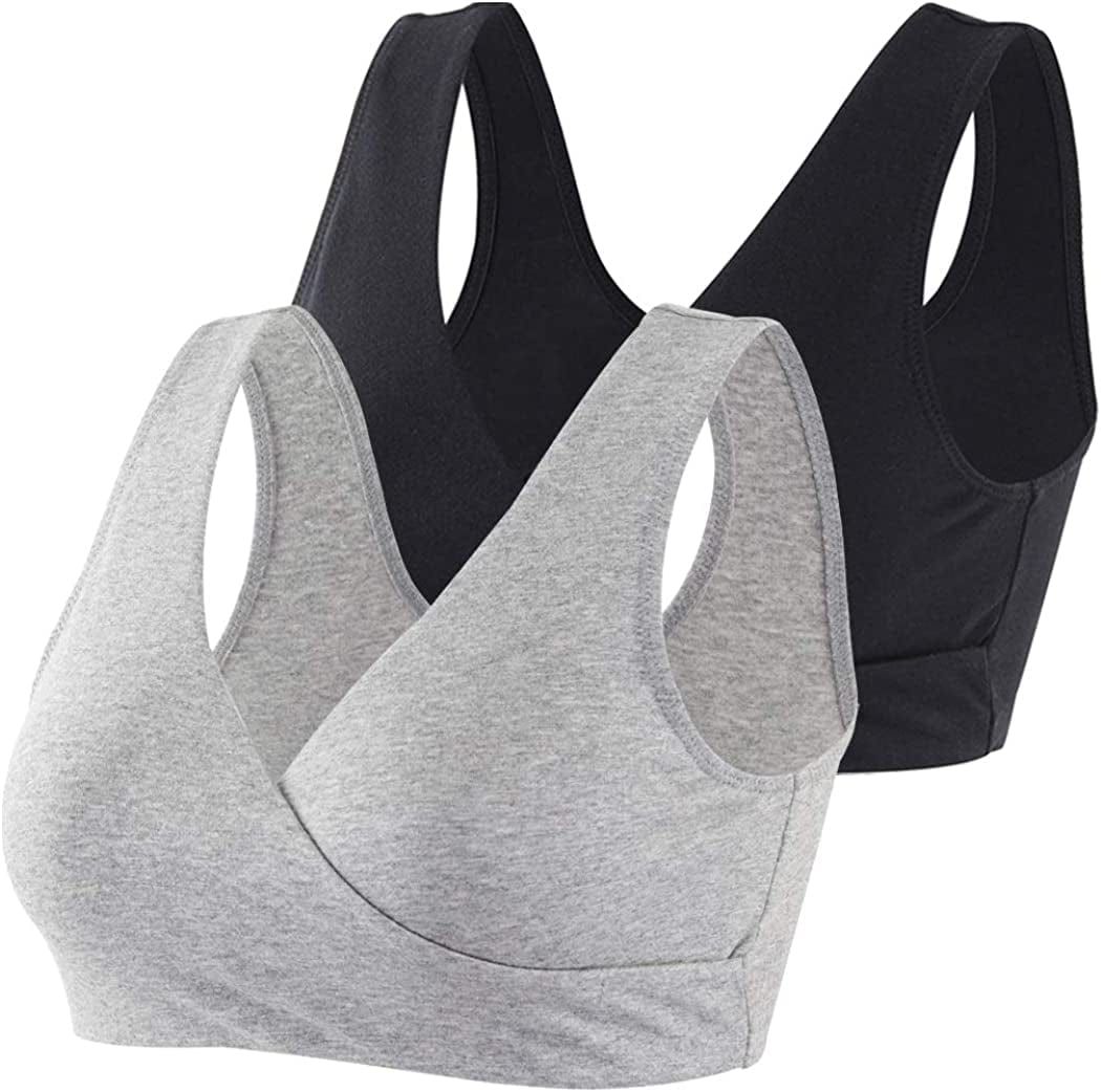 Maternity Nursing Bra Wireless Cotton Breastfeeding Bra for Sleep Black+grey/2pack / XX-Large