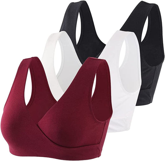 Maternity Nursing Bra Wireless Cotton Breastfeeding Bra for Sleep Black+white+red Wine/3pack / XX-Large