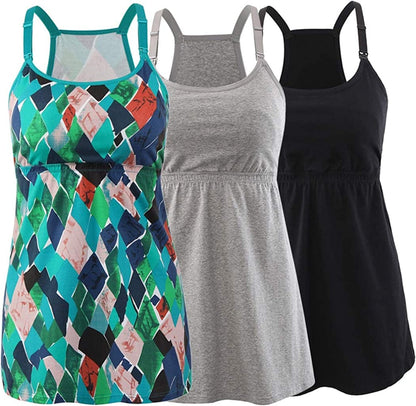 Maternity Nursing Tank Top, Women Maternity Cami Nursing Sleep Bra Breastfeeding Tops for Pregnancy Black+grey+green Print/3pack / Small