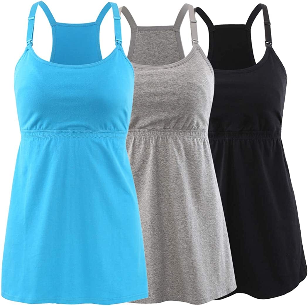 Maternity Nursing Tank Top, Women Maternity Cami Nursing Sleep Bra Breastfeeding Tops for Pregnancy Black+grey+lake Blue/3pack / Large