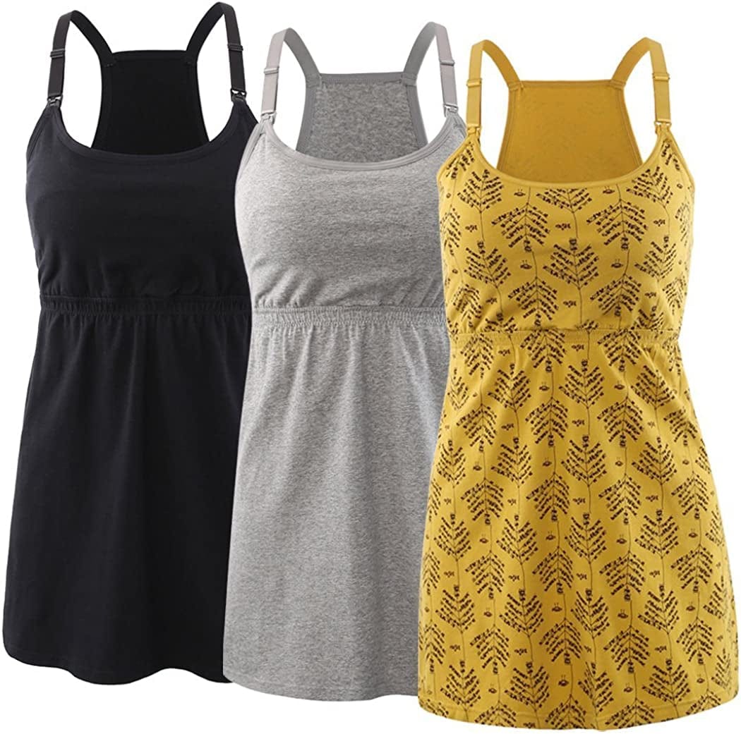 Maternity Nursing Tank Top, Women Maternity Cami Nursing Sleep Bra Breastfeeding Tops for Pregnancy Black+grey+yellow Print/3pack / Small