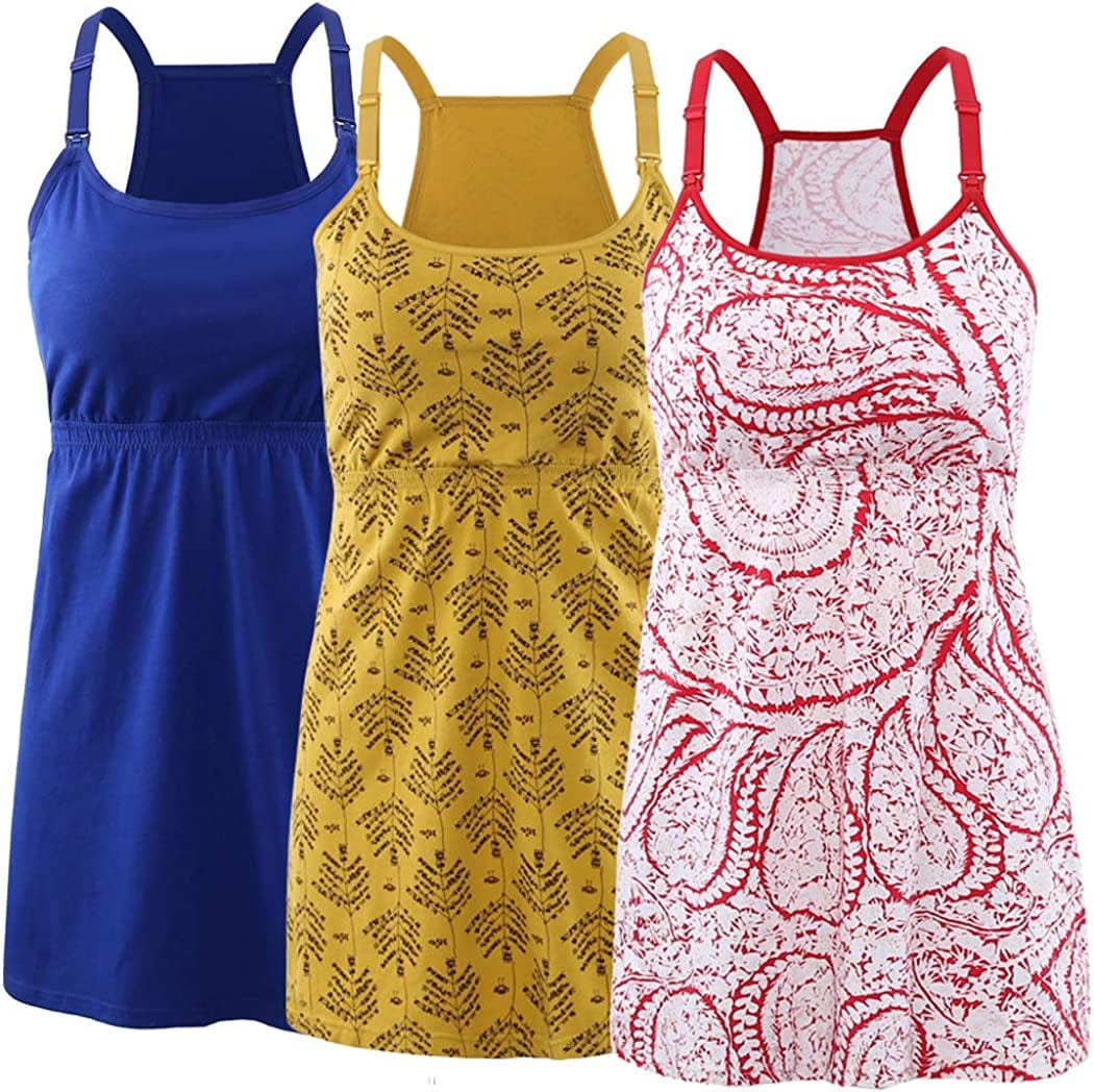 Maternity Nursing Tank Top, Women Maternity Cami Nursing Sleep Bra Breastfeeding Tops for Pregnancy Blue+yellow Print+red Print/3pack / Small
