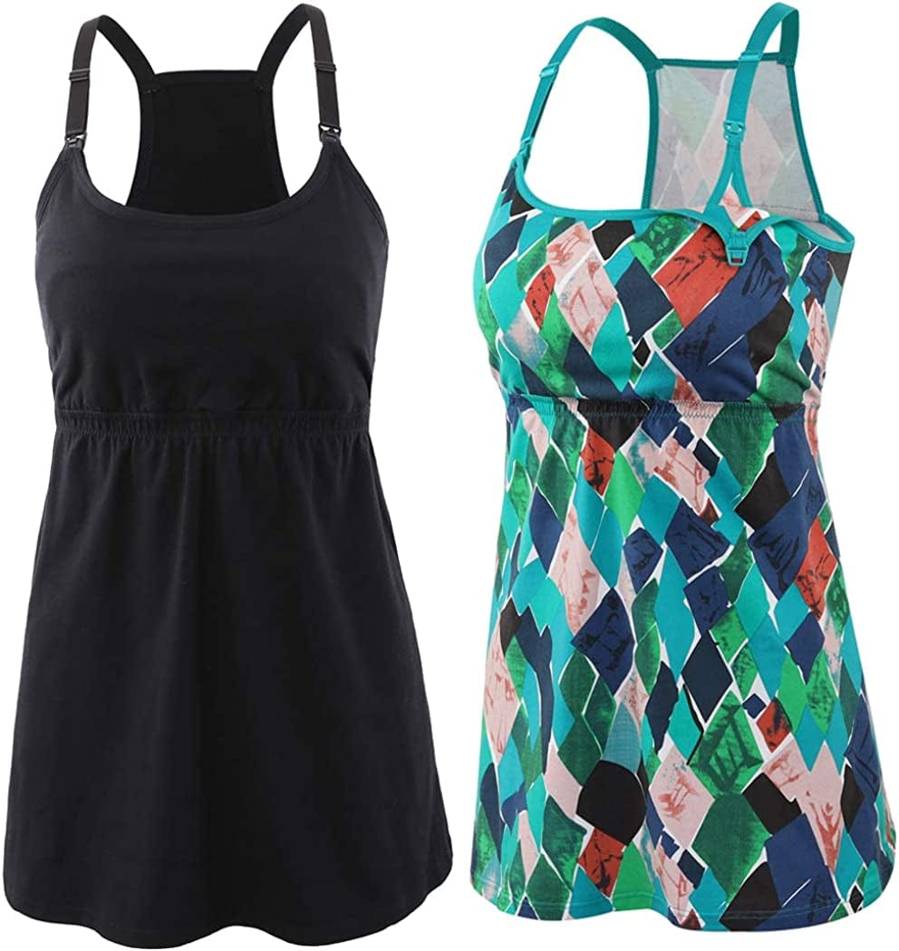 Maternity Nursing Tank Top, Women Maternity Cami Nursing Sleep Bra Breastfeeding Tops for Pregnancy Black+green Print/2pack / Large