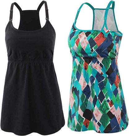 Maternity Nursing Tank Top, Women Maternity Cami Nursing Sleep Bra Breastfeeding Tops for Pregnancy Black+green Print/2pack / Large